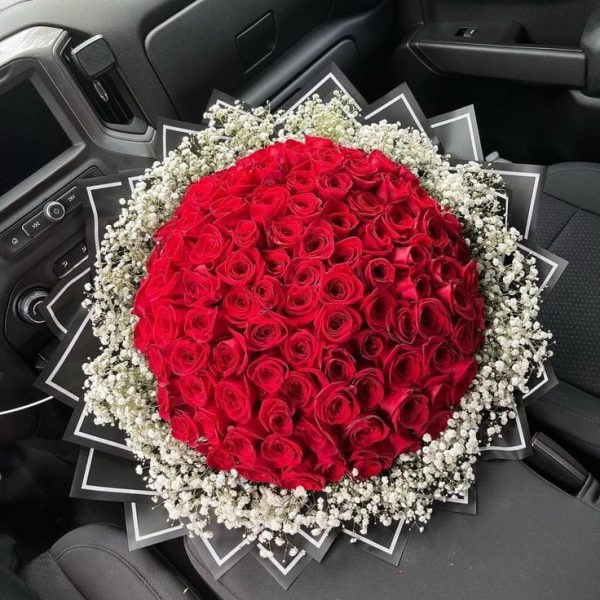 Red Roses with Gypsophila Bouquet