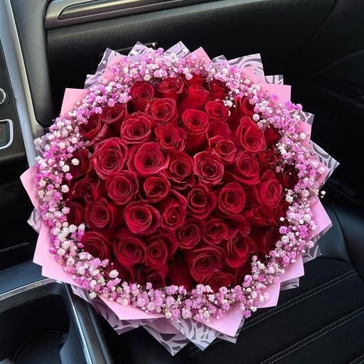 Red Roses with Pink & White Gypsophila Bouquet