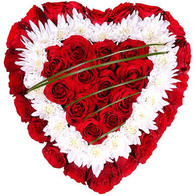 Chrysanthemum & Red Roses Heart Box Flower Arrangement