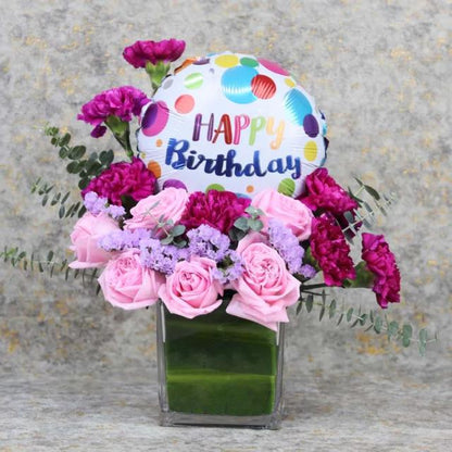 Pastel Flowers and Birthday Balloons Bouquet