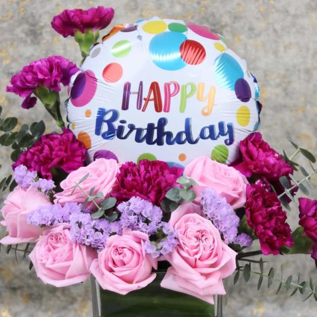 Pastel Flowers and Birthday Balloons Bouquet