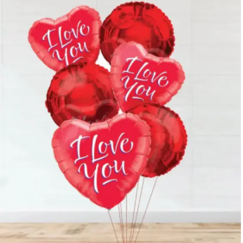 Red Heart style & Silver round Balloons