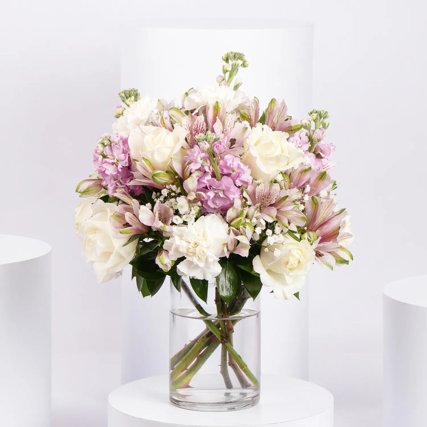 White & Pink Floral Bunch in Glass Vase